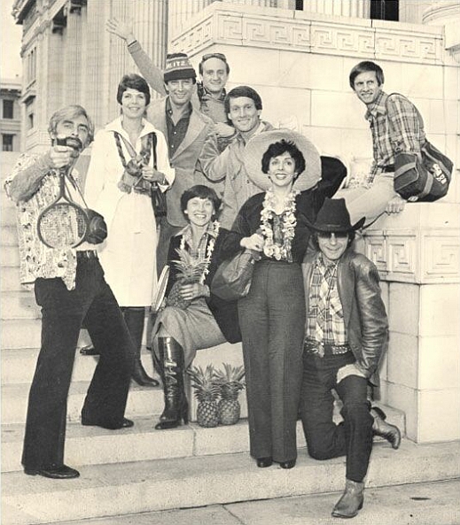 Photography by Ray "Scotty" Morris - Left to right: Ted Long, Laurel Scheaf, Werner Erhard, Charlene Afremow, Randy McNamara, Landon Carter, Phyllis Allen, Ron Bynum, Ron Browning - California Street Building aka "CSB" - December 1977